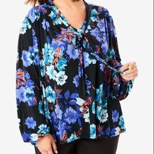 JESSICA LONDON Long Sleeve Lightweight Tie-Neck Floral Blouse (Plus 26/28)